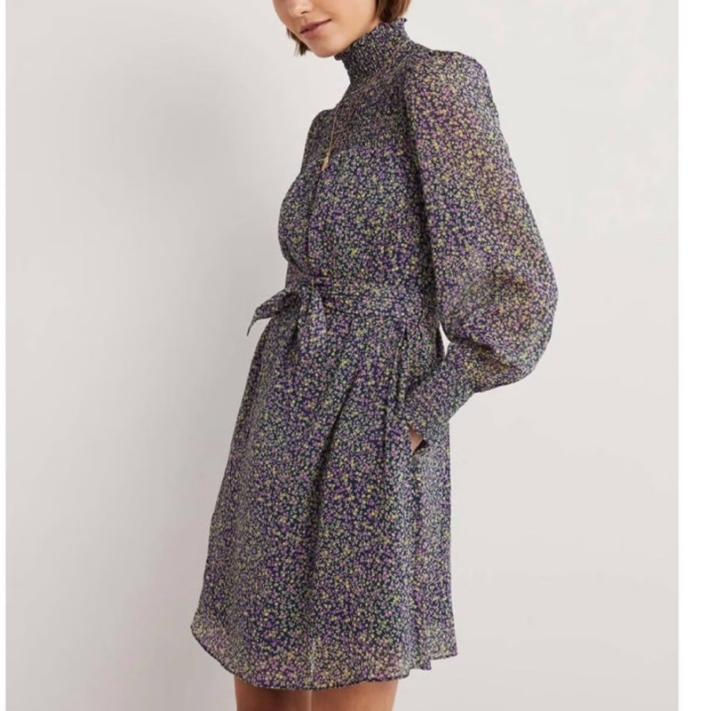 Boden Smocked Yoke Metallic Stripe Floral Mock Neck Preppy Size 12 Dress Belted